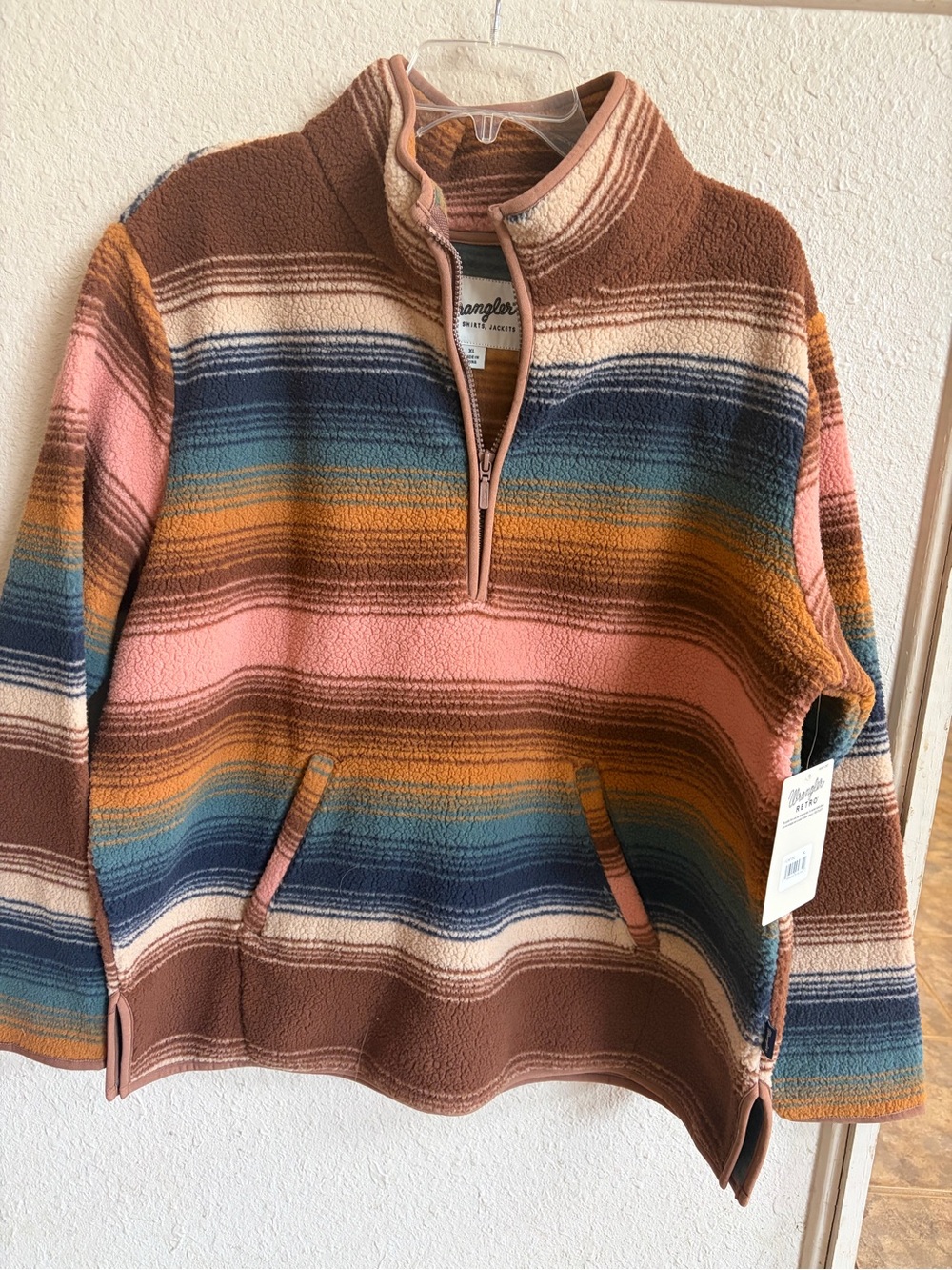 Wrangler Striped Sherpa Pullover - Brown, Pink, Teal, NWT Wrangler Retro size XL